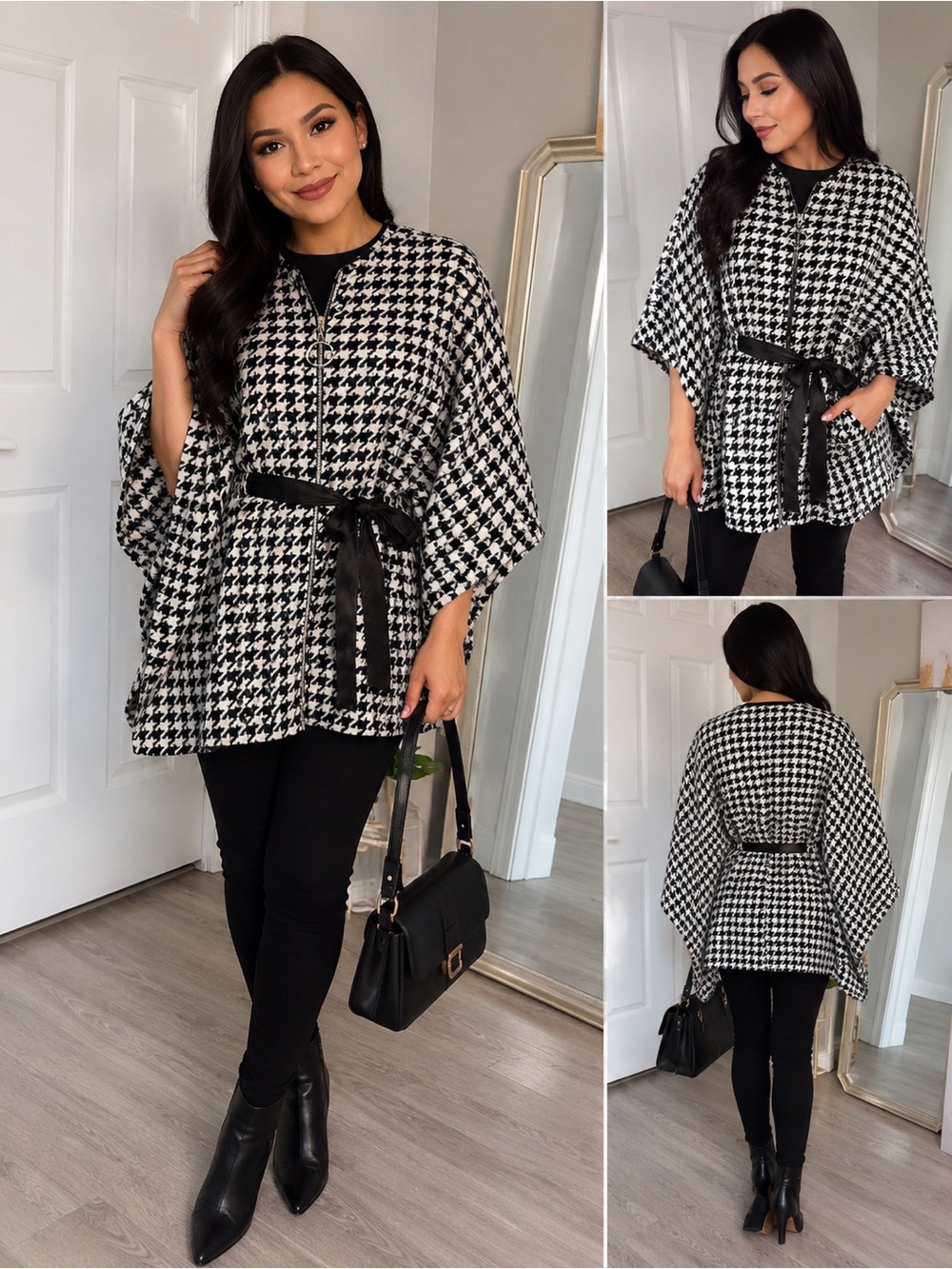 Boston Proper Houndstooth Belted Cape size M/L